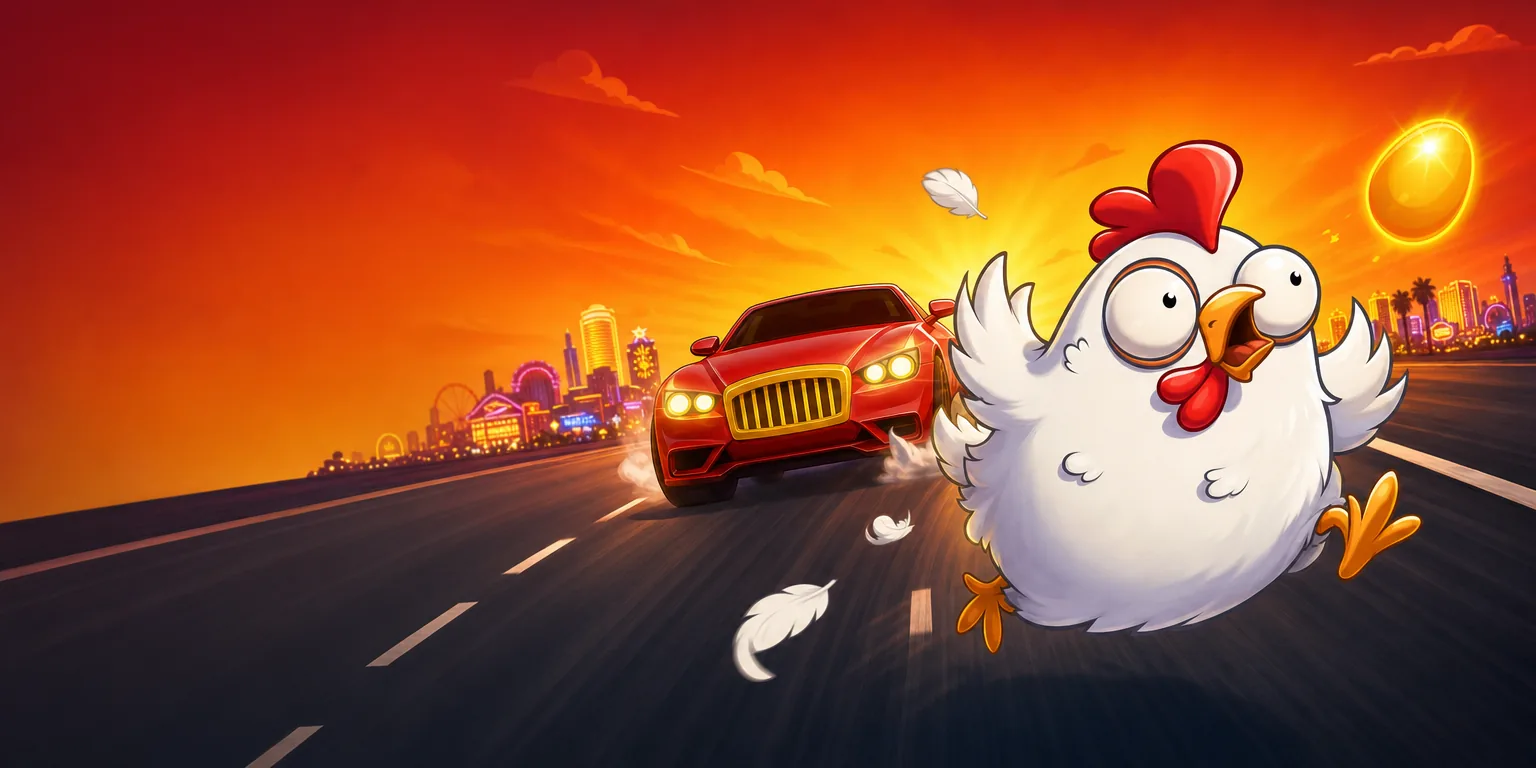 Chicken Rush 2 promotional hero — cartoon chicken on a highway with a red sports car and glowing golden egg at sunset