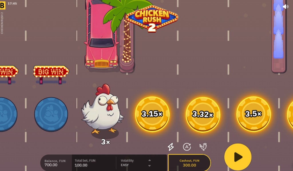 Chicken Rush 2 gameplay — chicken at 3x with gold chips 3.15x–3.5x ahead, pink limousine and BIG WIN signs behind, Cashout 300.00 FUN on Easy