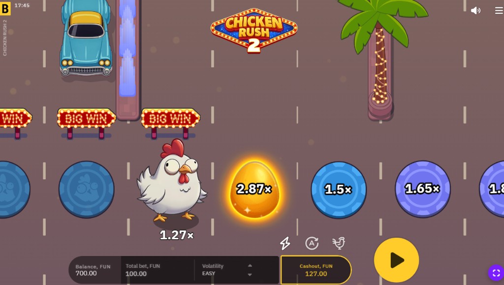 Chicken Rush 2 gameplay — chicken on Easy volatility next to a glowing Golden Egg marked 2.87x, blue chips ahead, Cashout 127.00 FUN and Play controls visible