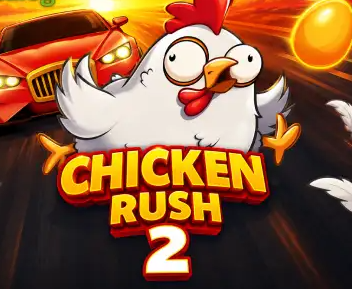 Chicken Rush 2 promo art — frantic white cartoon chicken rushing forward on a highway, red sports car on the left, glowing golden egg on the right, title CHICKEN RUSH 2 below